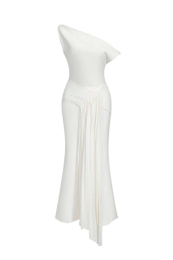 Paulina Oblique Shoulder Sleeveless Folds Midi Dress
