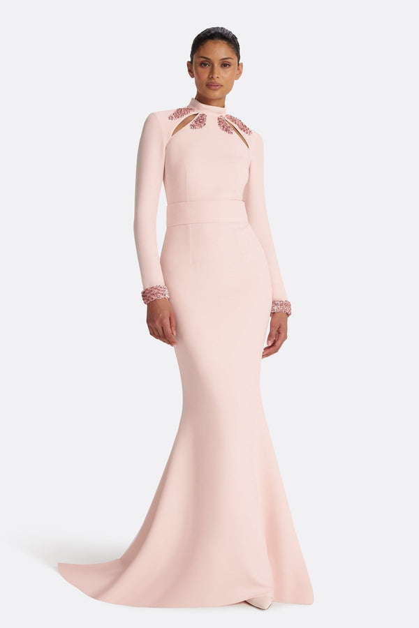 Kamala Pale Pink & Curled Leaf Embroidery Maxi Dress