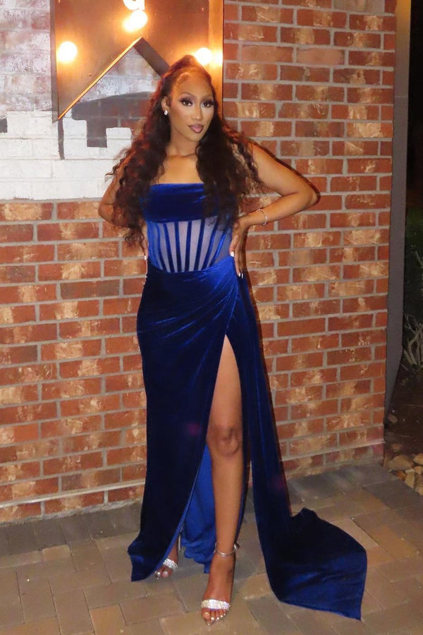 Lamva Corset Velvet Slit Maxi Dress - Blue