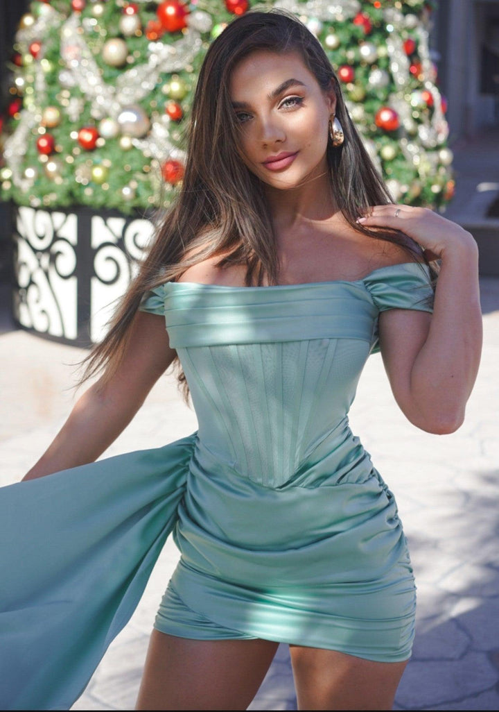 Satin Off Shoulder Corset Mini Dress - Bellabarnett