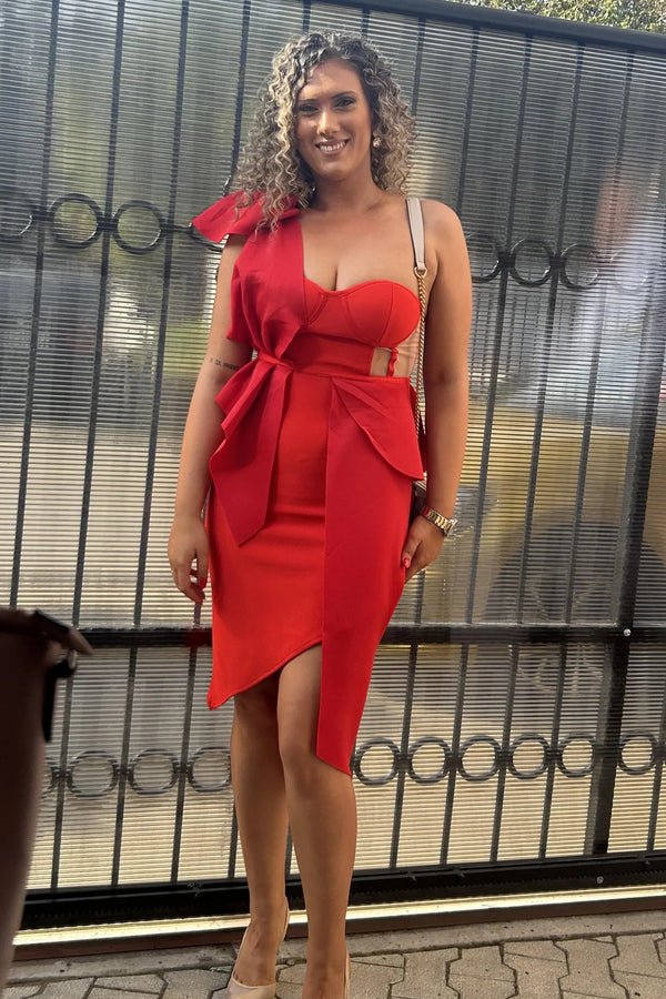Spak One Shoulder Midi Dress - Red