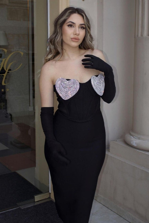 Pom Diamante Strapless Bandage Dress