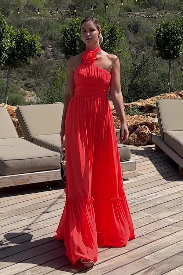 Clea Halterneck Pleat Flower Maxi Dress