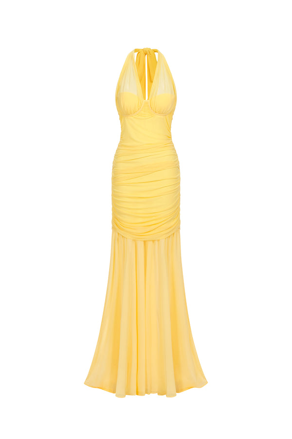 Ulasa Sleeveless Ruched Mesh Maxi Dress