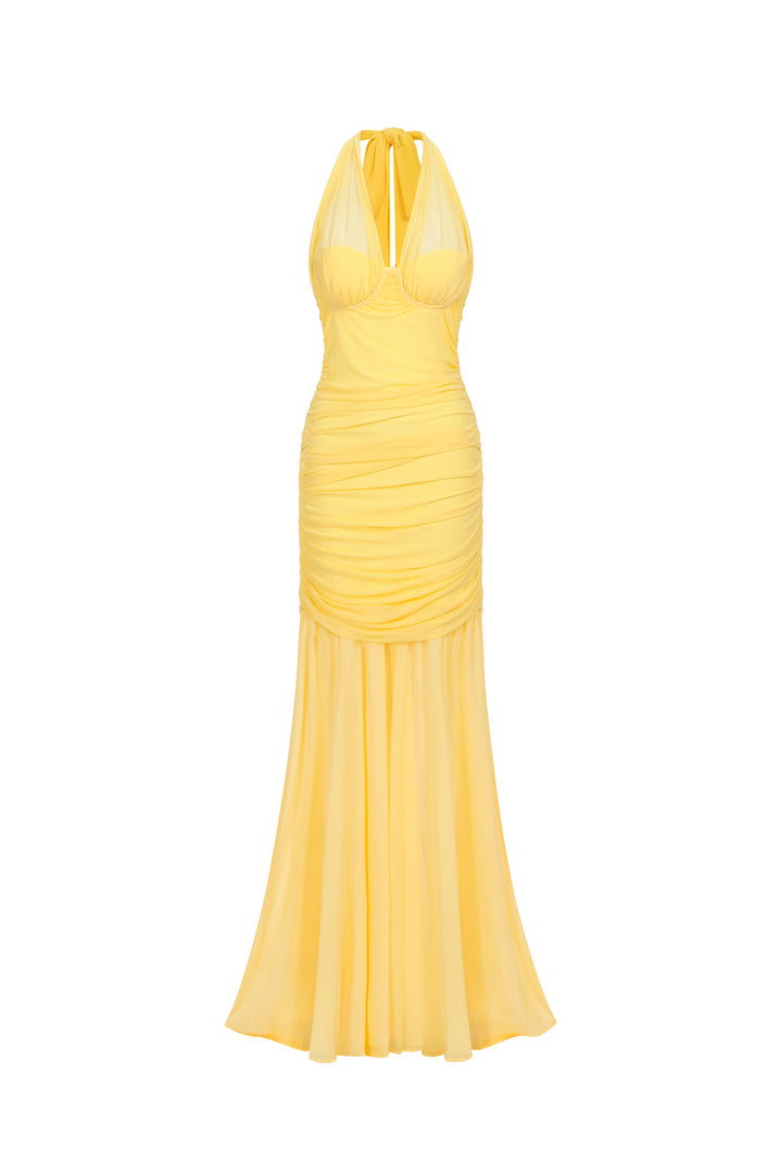 Ulasa Sleeveless Ruched Mesh Maxi Dress