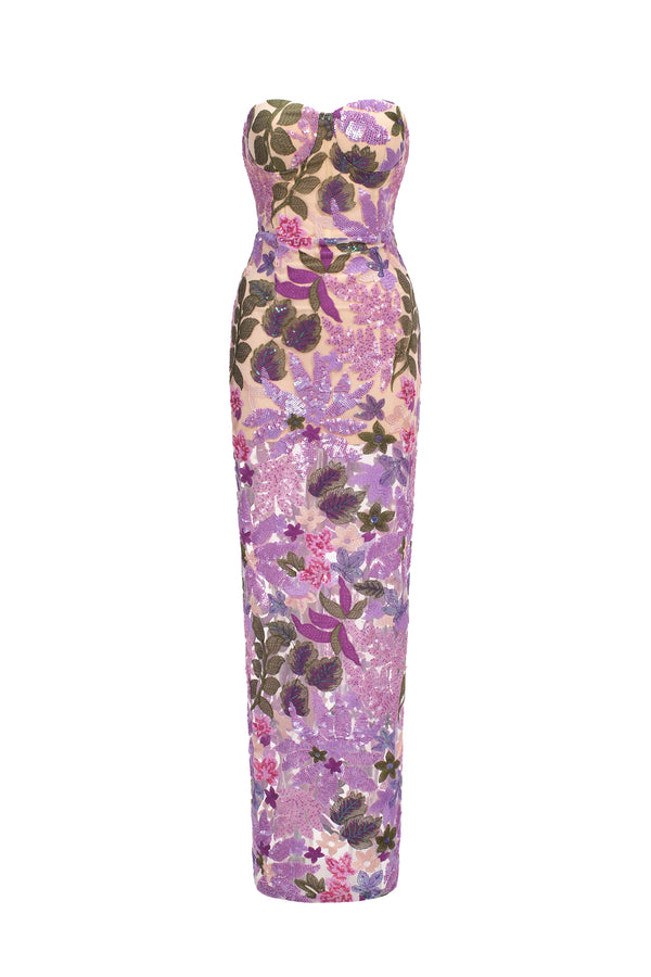 Eugenia Flower Sequins Strapless Mesh Dress - Purple