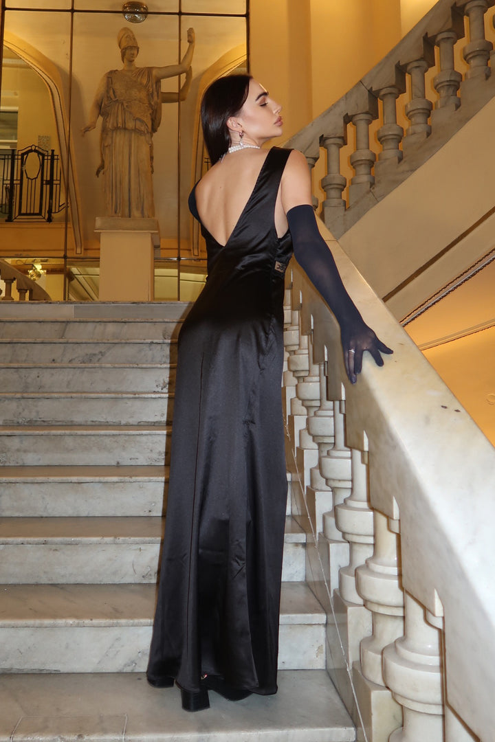 Pale Lace Cut Out Satin Maxi Dress