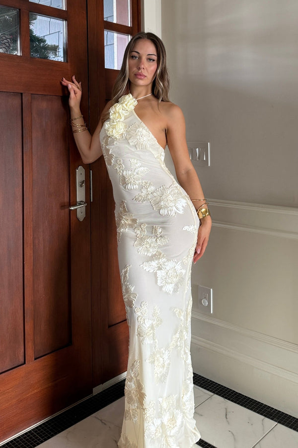 Griselda Flower Halter Embroidery Maxi Dress - White