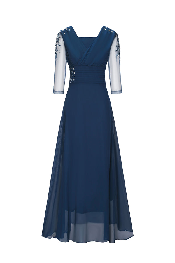 Blanche Diamante Pleated Mesh Satin Maxi Dress - Navy