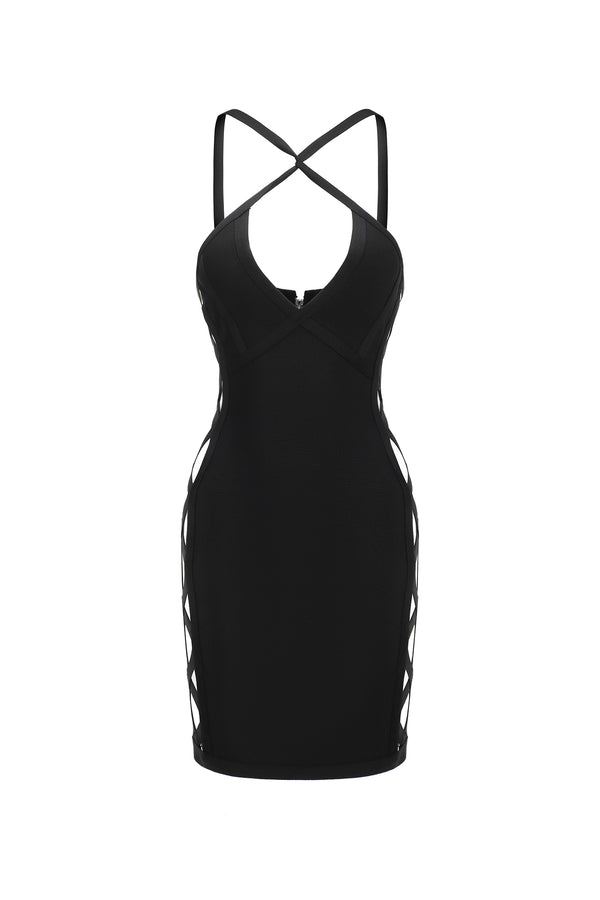 Veren Halter Sleeveless V-Neck Hollow Out Bandage Mini Dress