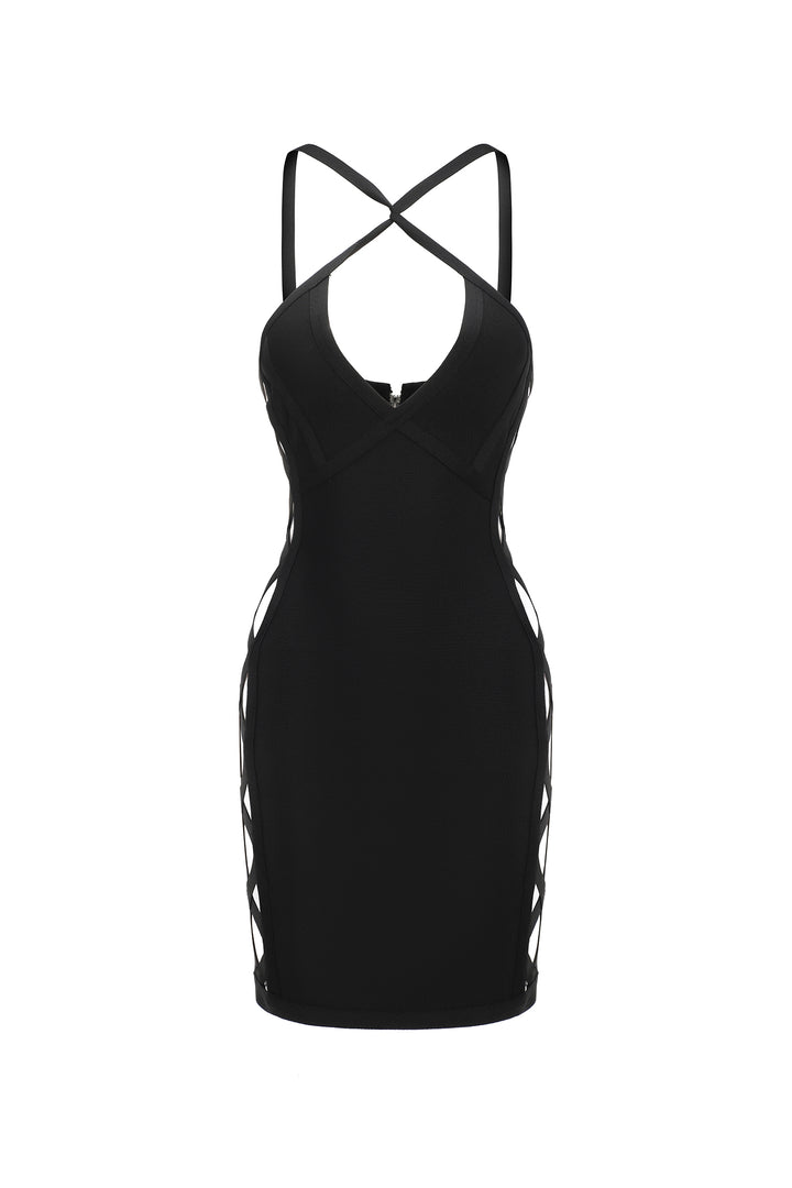 Veren Halter Sleeveless V-Neck Hollow Out Bandage Mini Dress