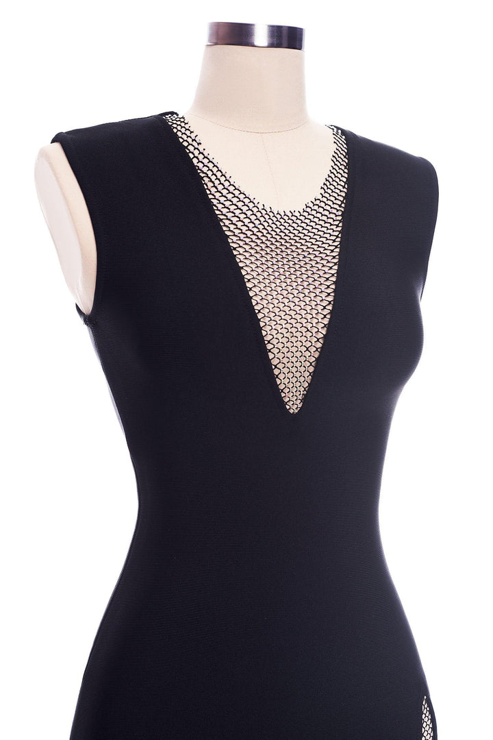 V Neck Bandage Bodycon Split Mini Dress - Classic Black - Bellabarnett