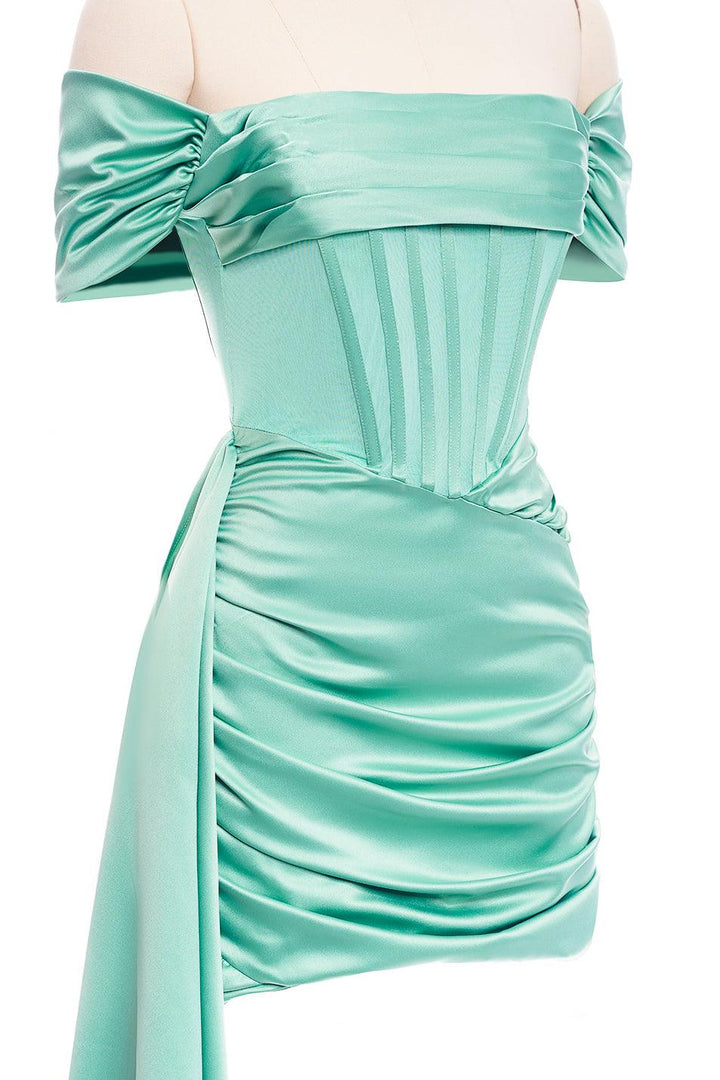 Satin Draping Off Shoulder Ruched Corset Dress - Mint - Bellabarnett