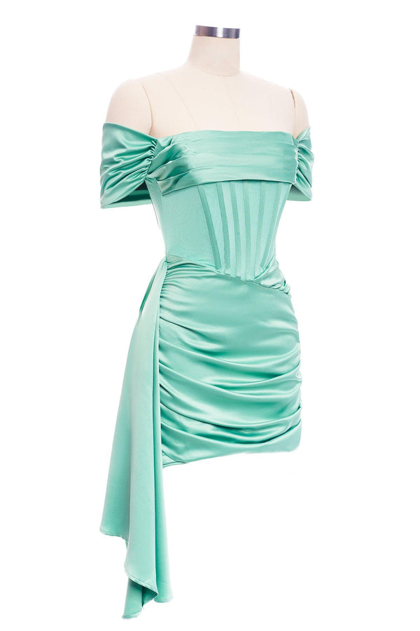 Satin Draping Off Shoulder Ruched Corset Dress - Mint - Bellabarnett