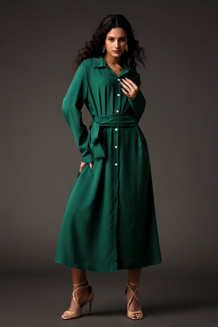 Devere Long Sleeves Shirt Collar Midi Dress