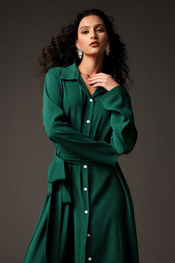 Devere Long Sleeves Shirt Collar Midi Dress