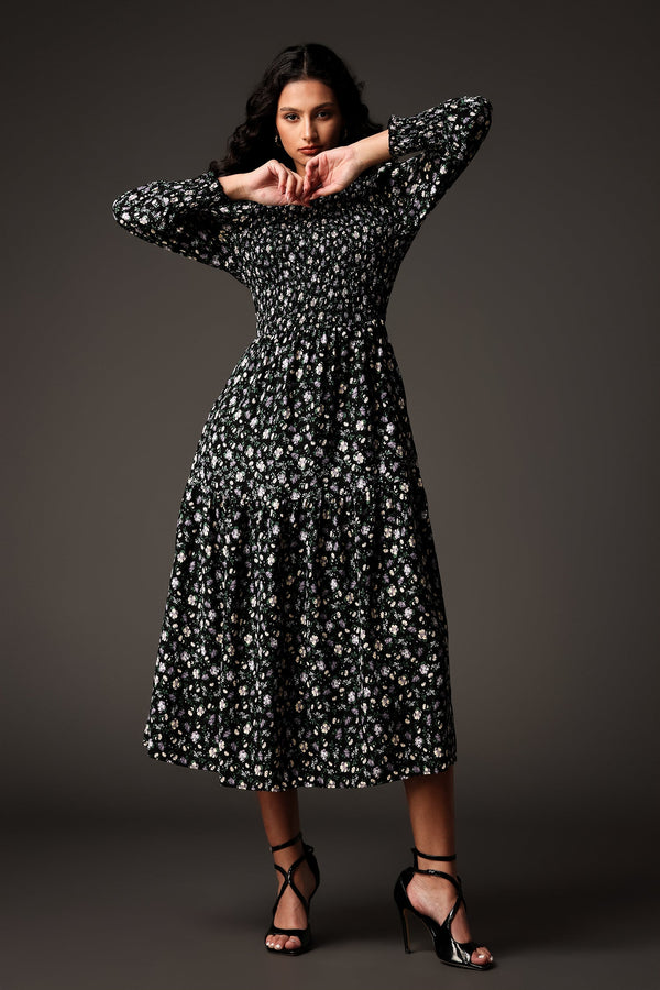 Kandiss Long Sleeves Round Neck Printing Midi Dress