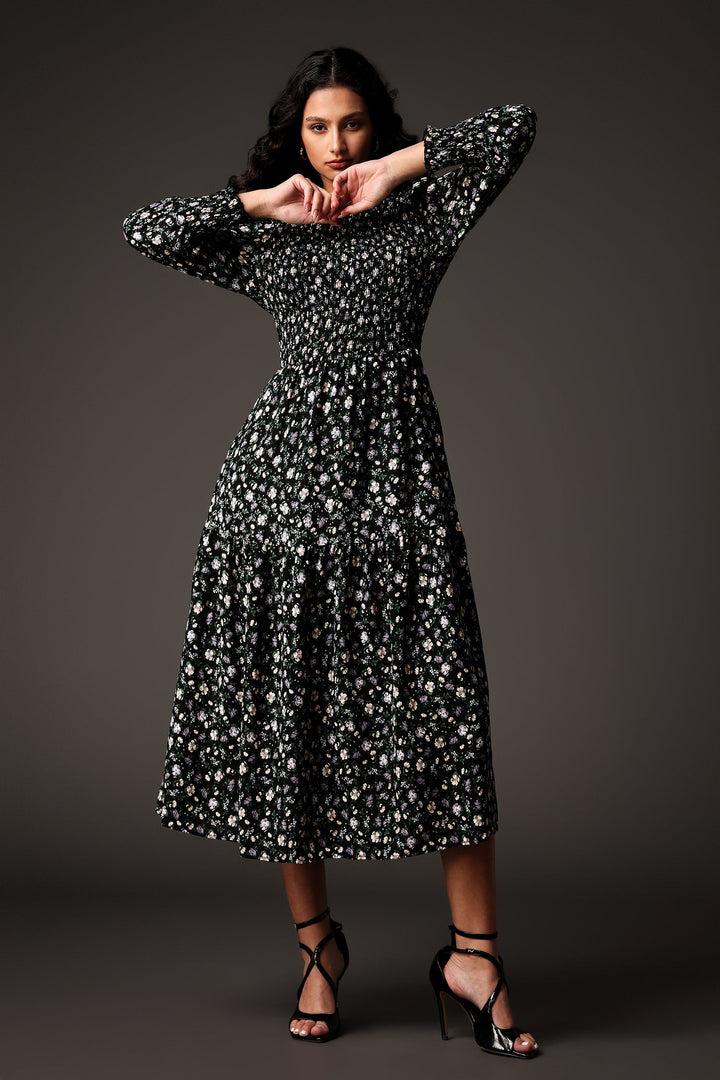 Kandiss Long Sleeves Round Neck Printing Midi Dress