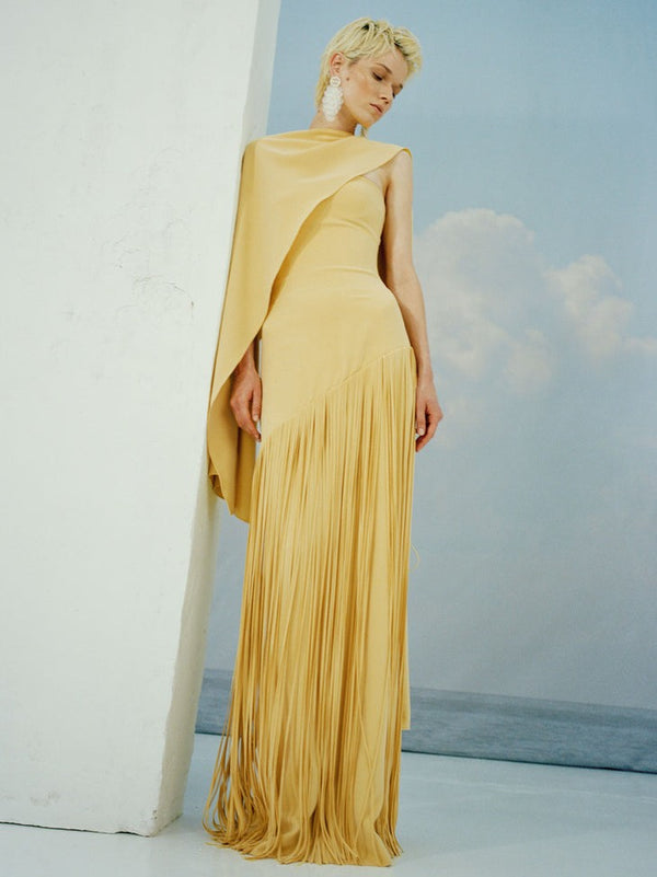 Giselle Strapless Crepe Gown with Laser-Cut Fringes and Cape