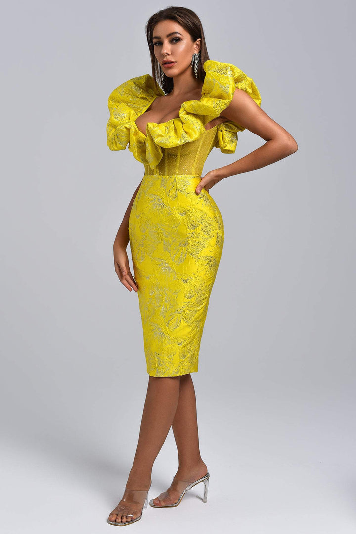 Jacquard Off Shoulder Midi Dress - Yellow