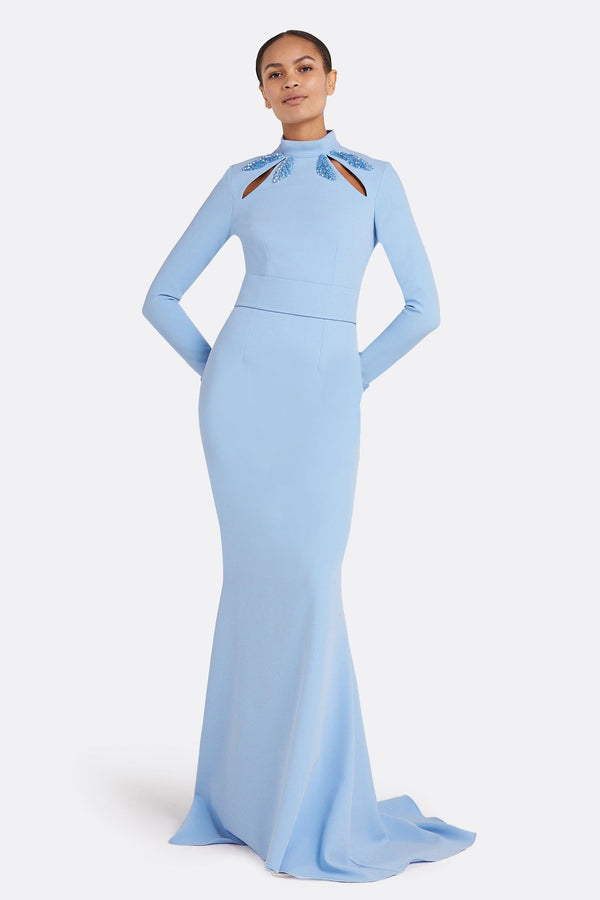 Kamala Pale Blue & Curled Leaf Embroidery Maxi Dress