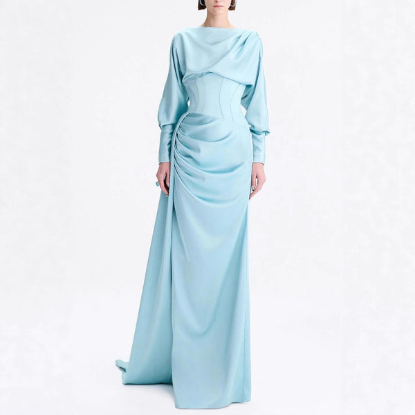 Satin Gathering Boat Neck Maxi Dress