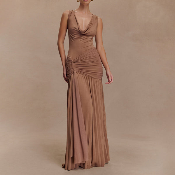 Sleeveless Cowl Neck Flowing Sash Maxi Dress