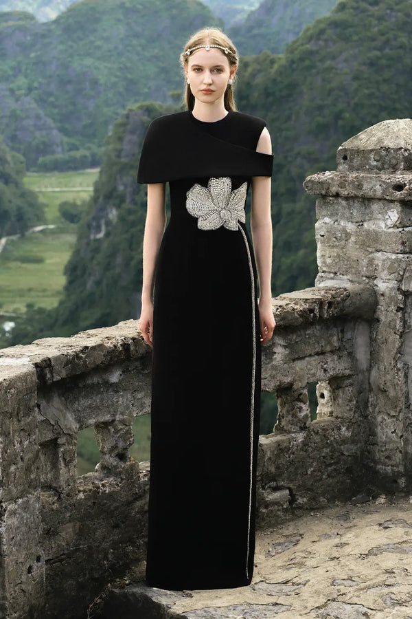 Asymmetric Shoulder Cape With Stone Orchid Patterned Dress Set