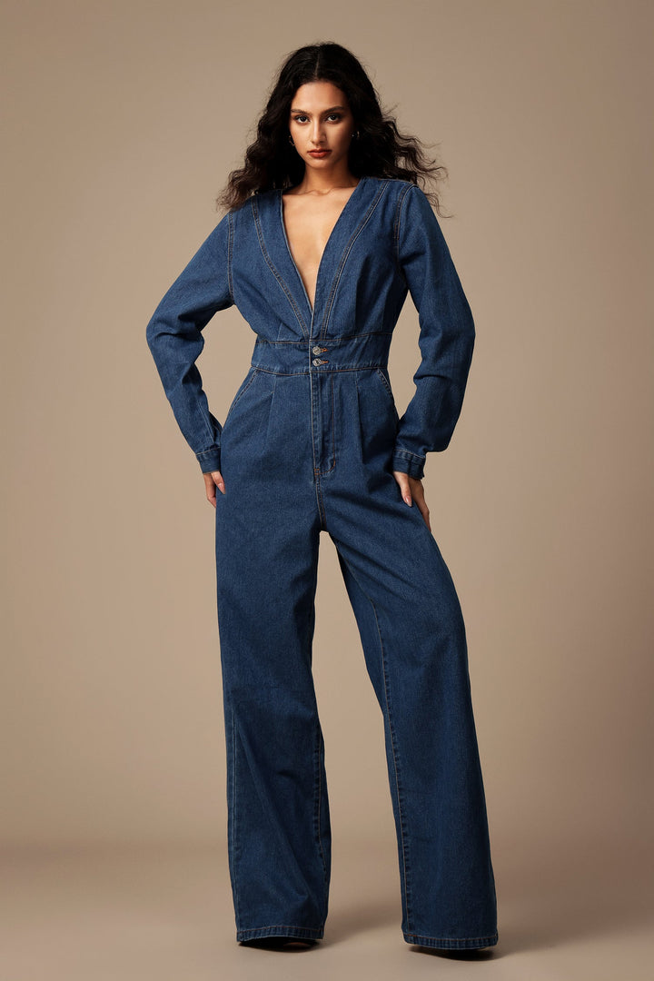 Zaysha Deep-V Long Sleeves Denim Jumpsuit