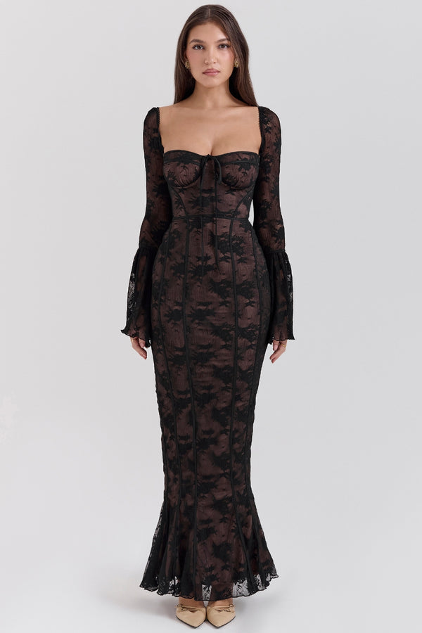 Flared Long Sleeve Square Neck Lace Maxi Dress