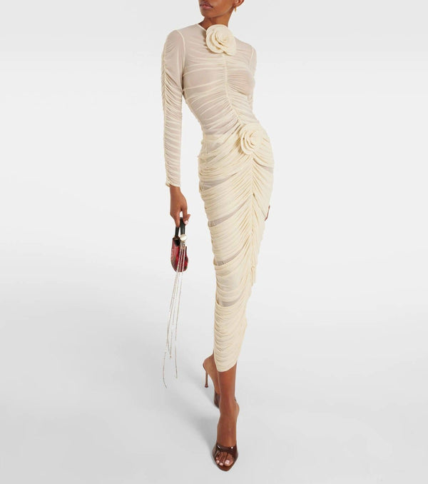 Floral-applique ruched midi skirt