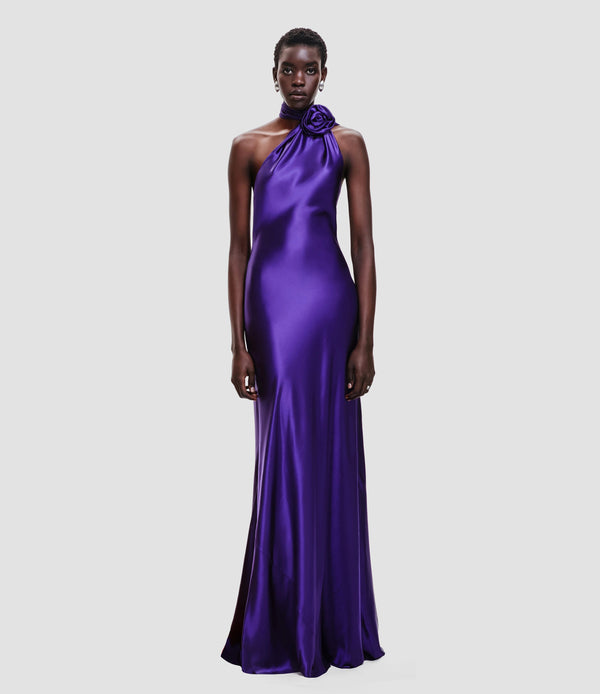Satin Wrap Halter Gown With Flower-Purple