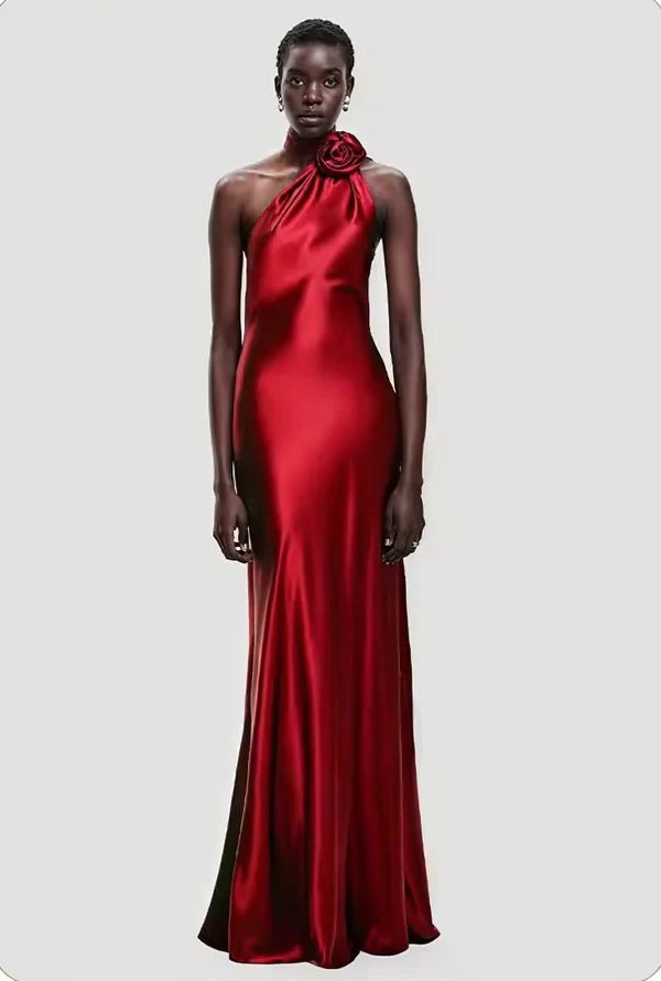 Satin Wrap Halter Gown With Flower-Red