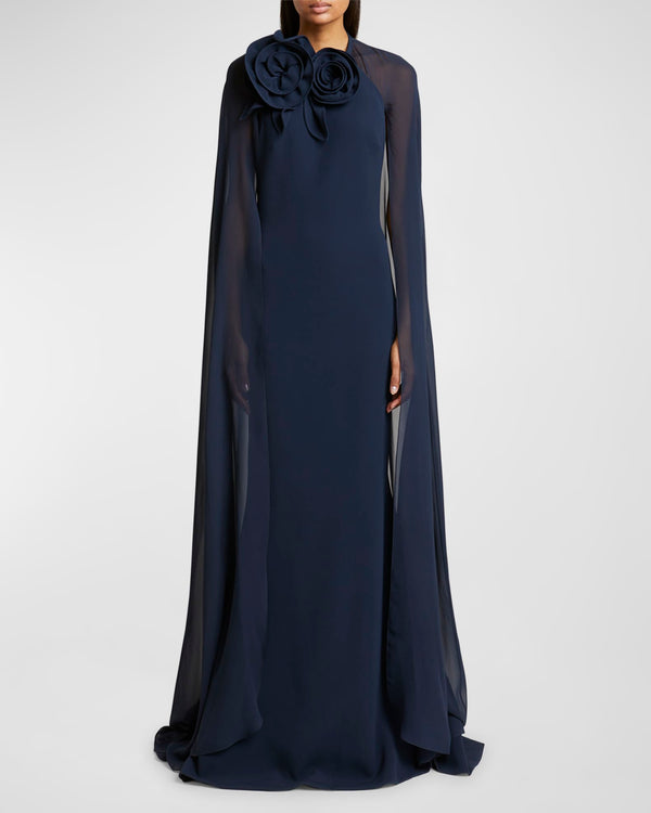 Flower-Neck Cape Trumpet Maxi Dress