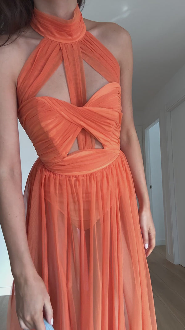 Rivka Halterneck Twist Mesh Maxi Dress