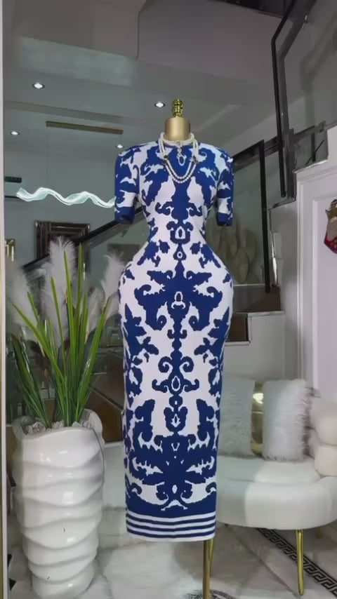 Lerae Round Neck Short Sleeve Jacquard Bandage Maxi Dress