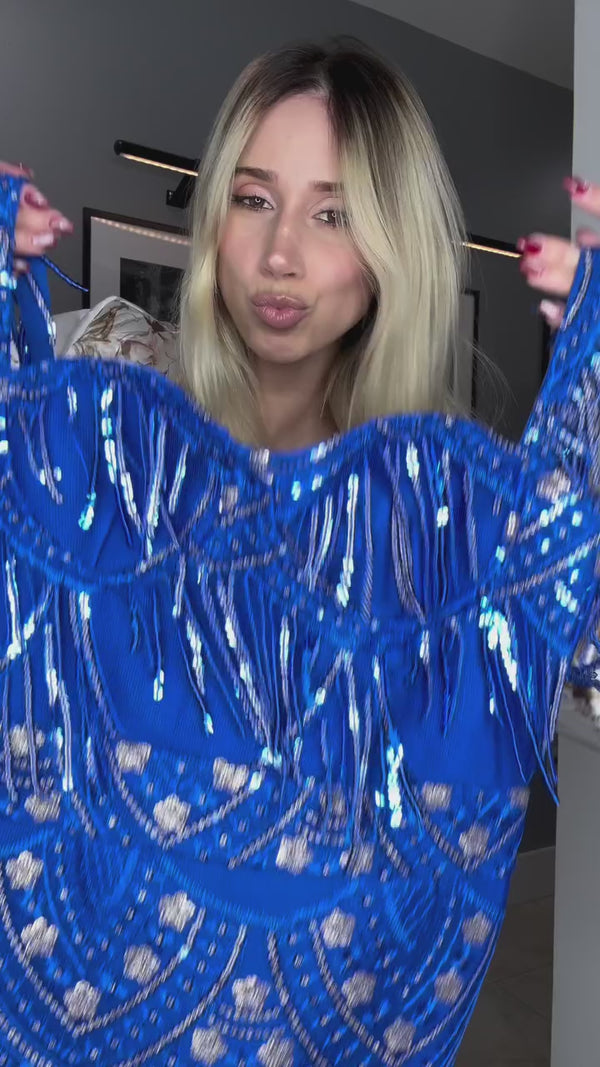 Off-shoulder Sequin Diamond Mini Dress - Blue