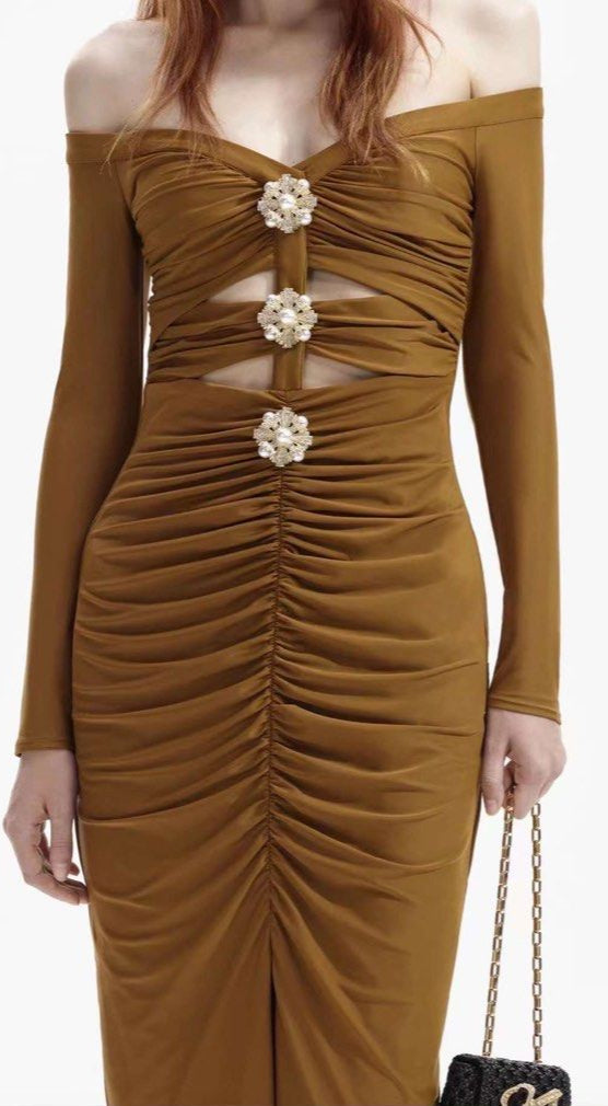 Eliana Straight Shoulder Long Sleeves Bandage Midi Dress